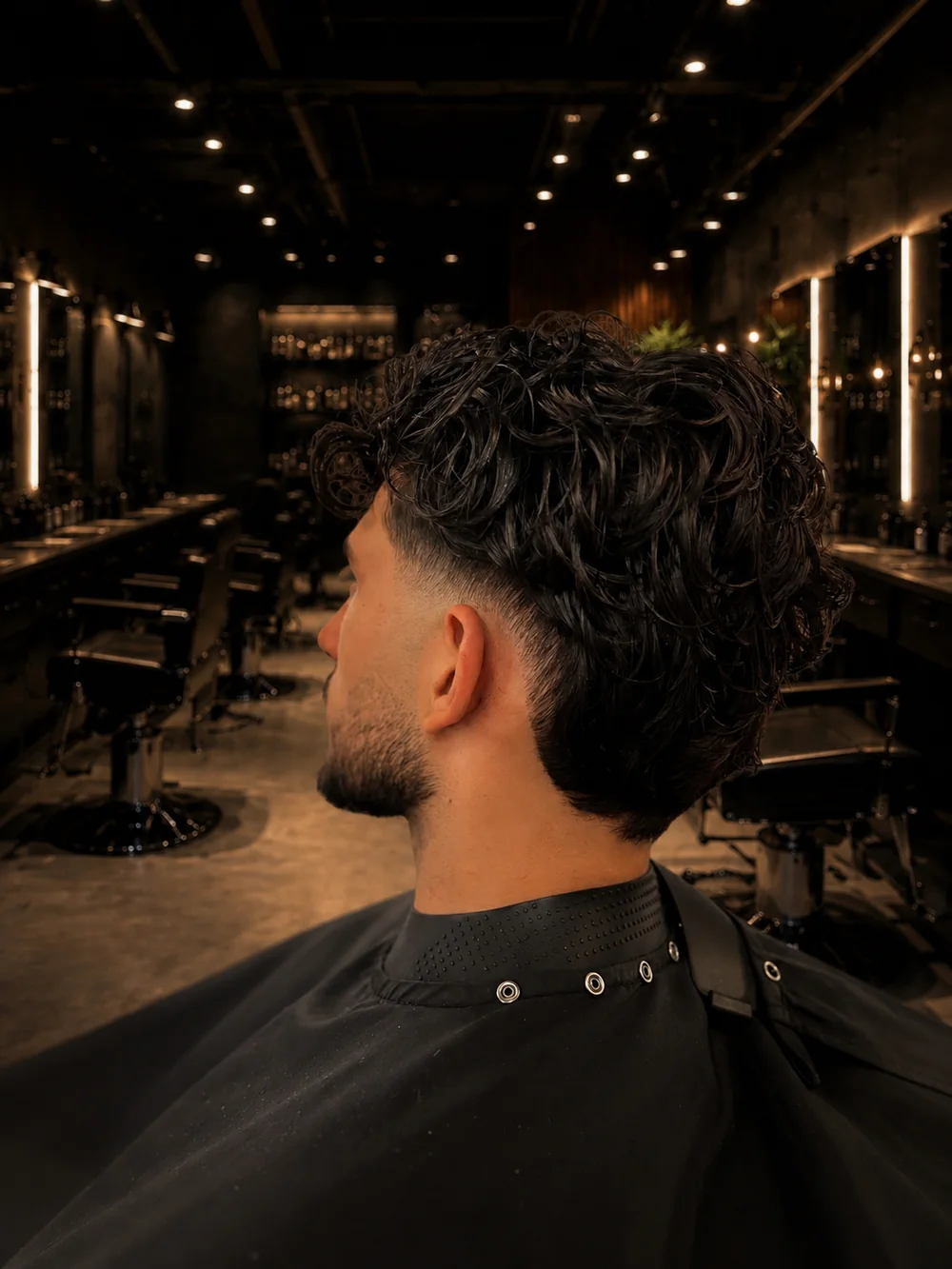 Dégradé bas et longueurs bouclées travaillées, réalisé chez Apex Barber à Paris 14e