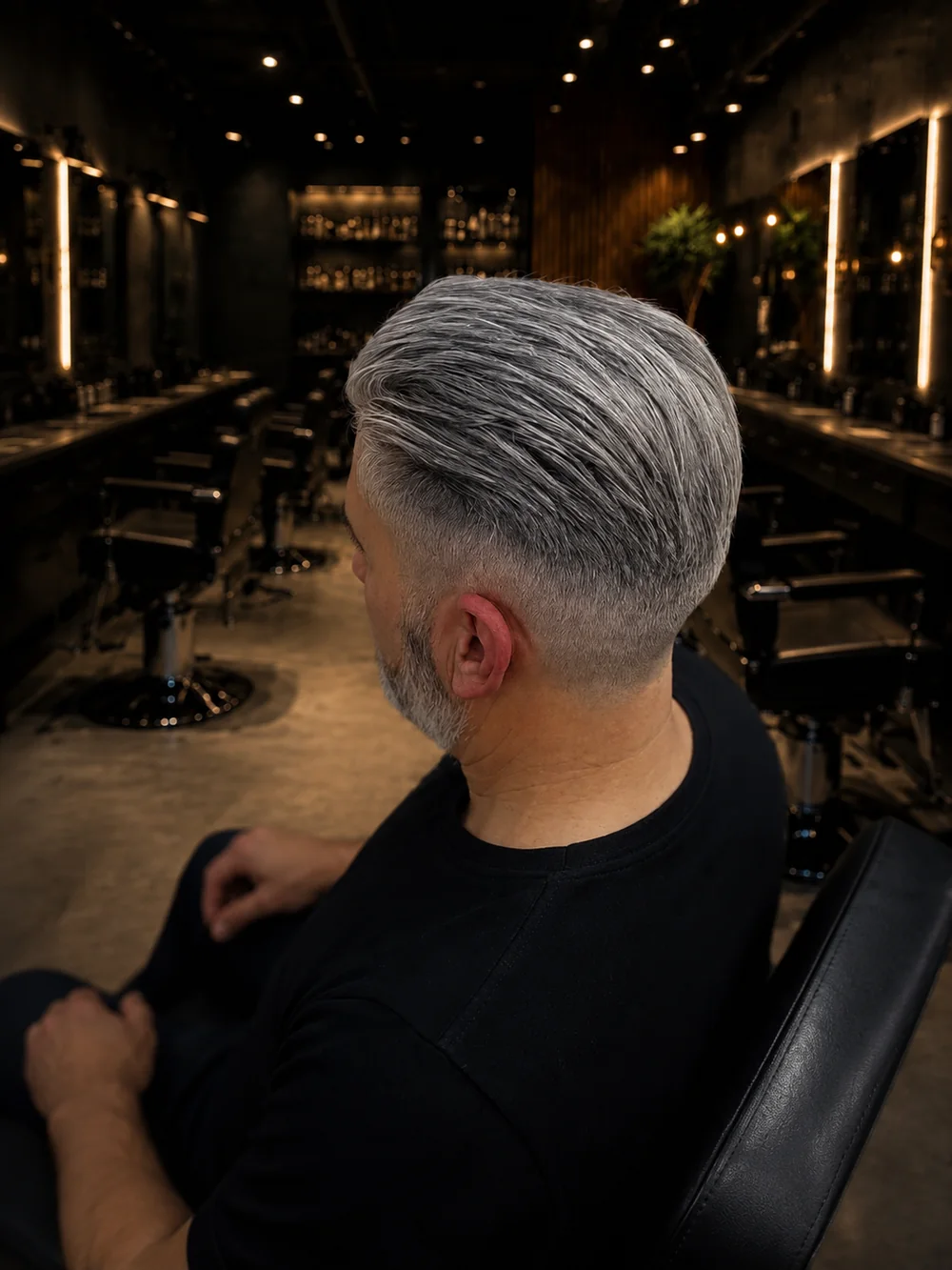 Coloration gris argenté sur coupe coiffée en arrière, Apex Barber Paris 14e
