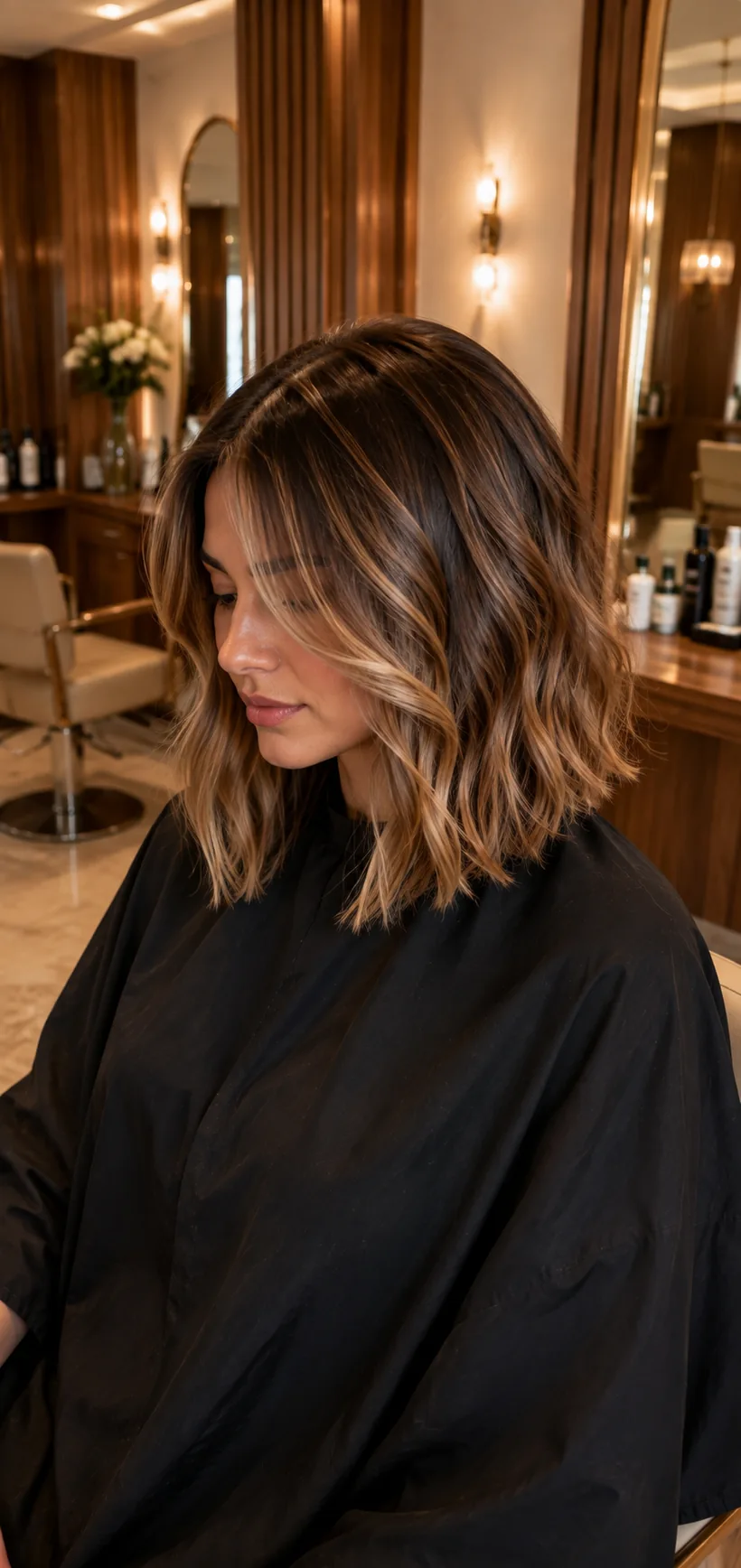 Carré long ondulé, balayage miel