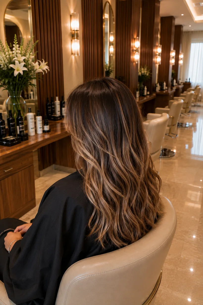 Longueurs ondulées, balayage caramel sur base brune