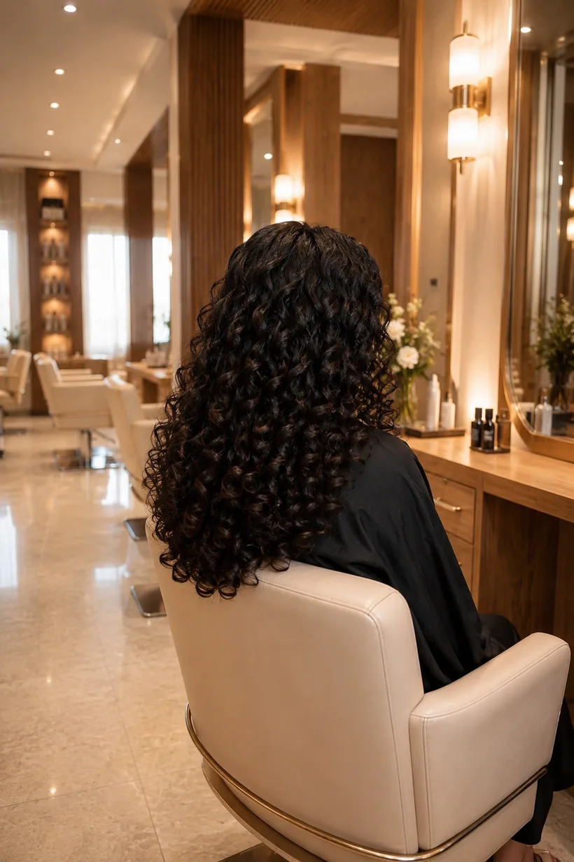 Cheveux longs bouclés, boucles définies brun profond