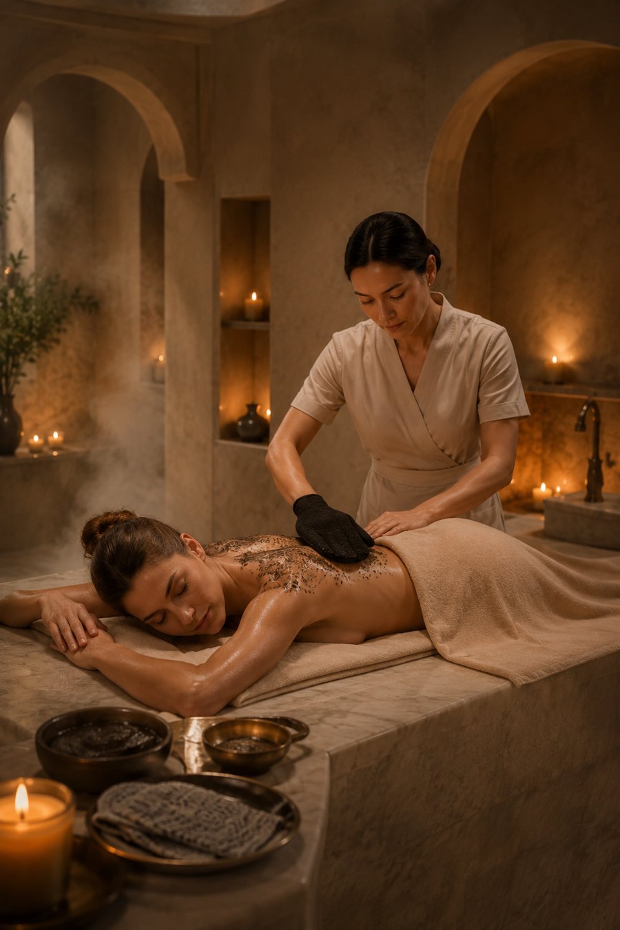 Gommage au savon noir et gant de kessa, sous la vapeur du hammam