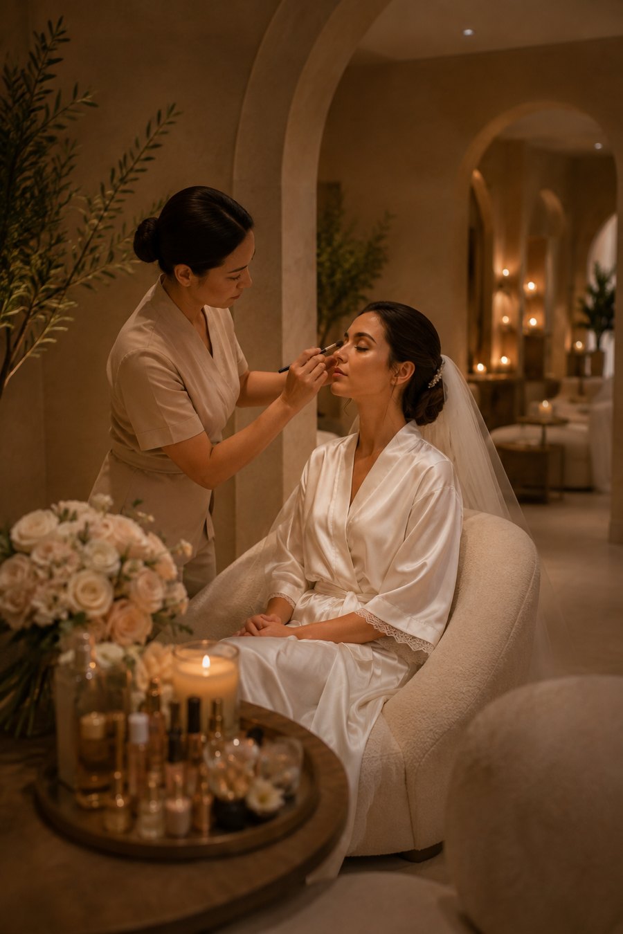 Maquillage de mariée, peignoir de soie et voile