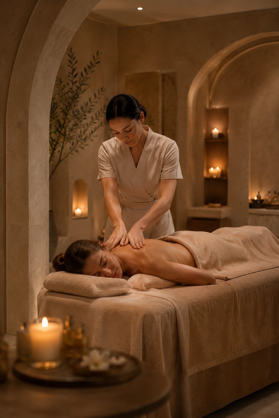 Massage du dos à l'huile chaude, en cabine