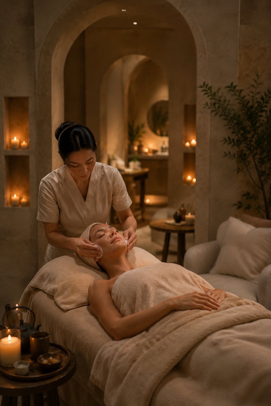 Soin du visage, les mains de la praticienne sur les tempes