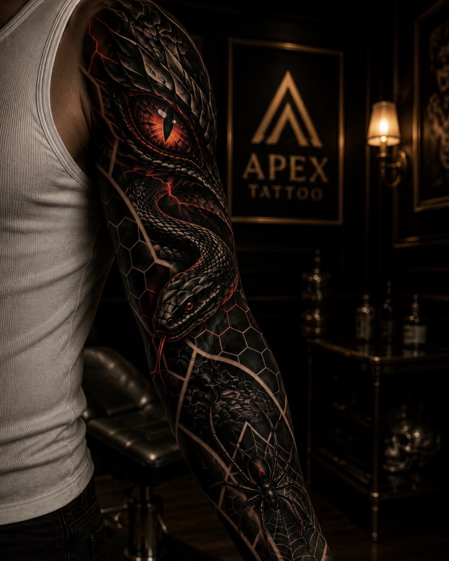 Cover-up : sleeve sombre, serpent aux yeux rouges