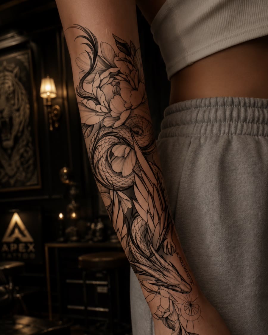 Tatouage fine line floral et botanique sur avant-bras