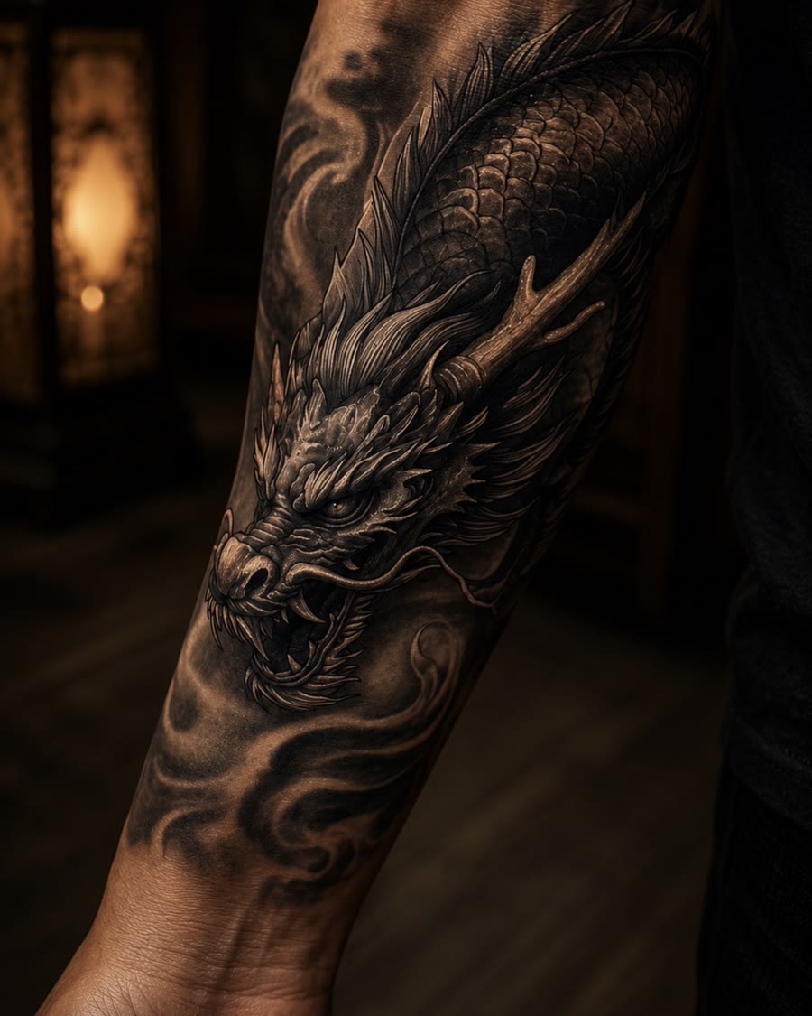 Dragon japonais noir et gris sur avant-bras