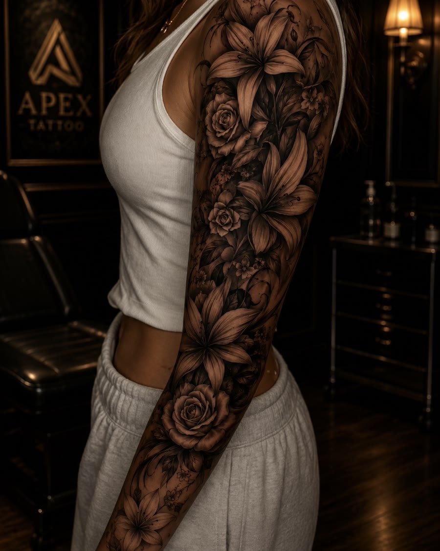 Sleeve floral : lys et roses en noir et gris