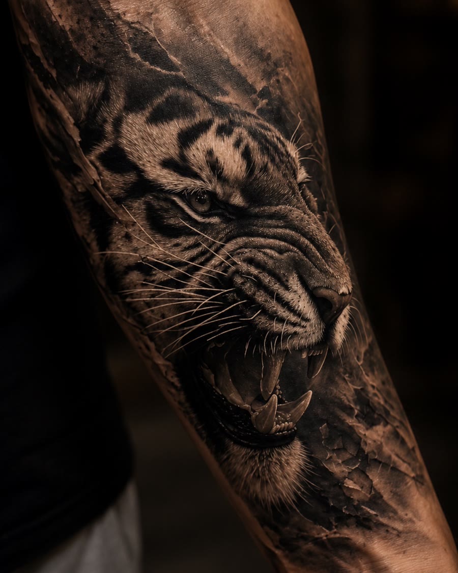 Tatouage réaliste noir et gris : tête de tigre rugissant sur avant-bras