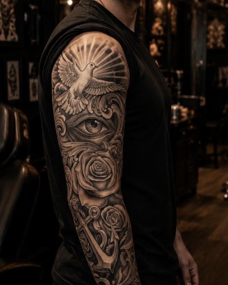 Manchette noir et gris : colombe, œil de la providence, roses et ancre