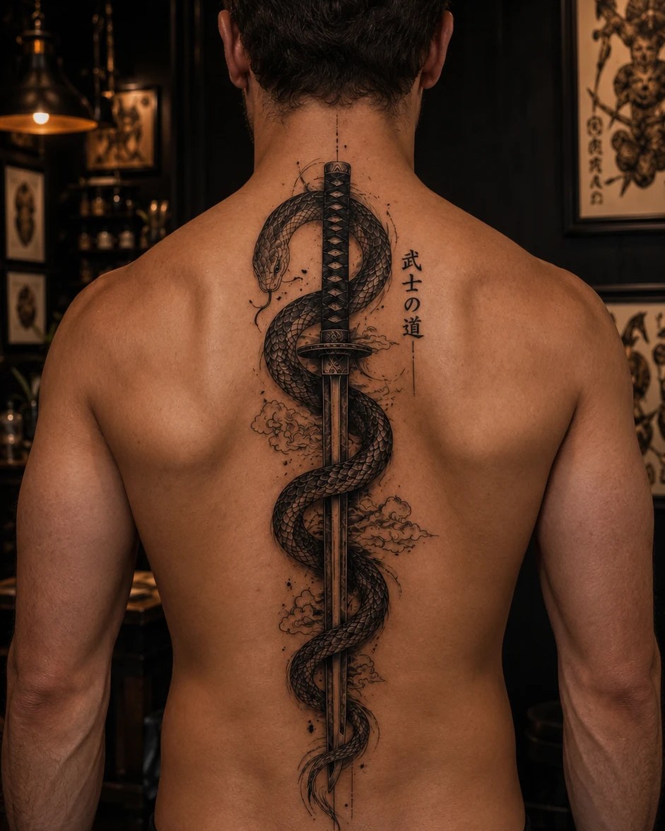 Dos : serpent enroulé autour d\'un katana, calligraphie japonaise