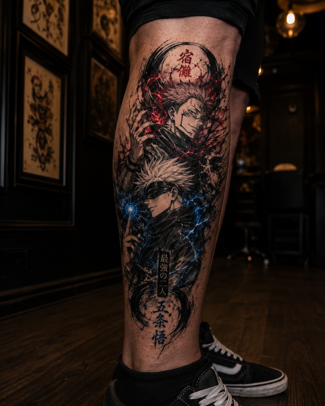 Tatouage d'inspiration japonaise, deux personnages en bleu et rouge sur le mollet