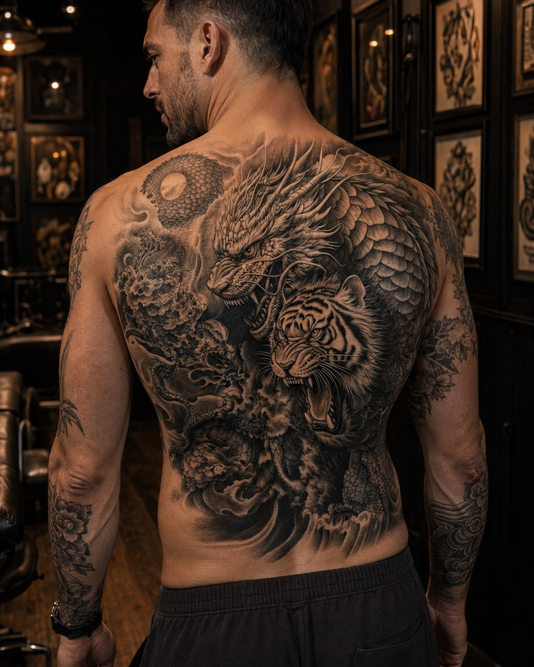 Tatouage réaliste noir et gris : dragon et tigre dans le dos