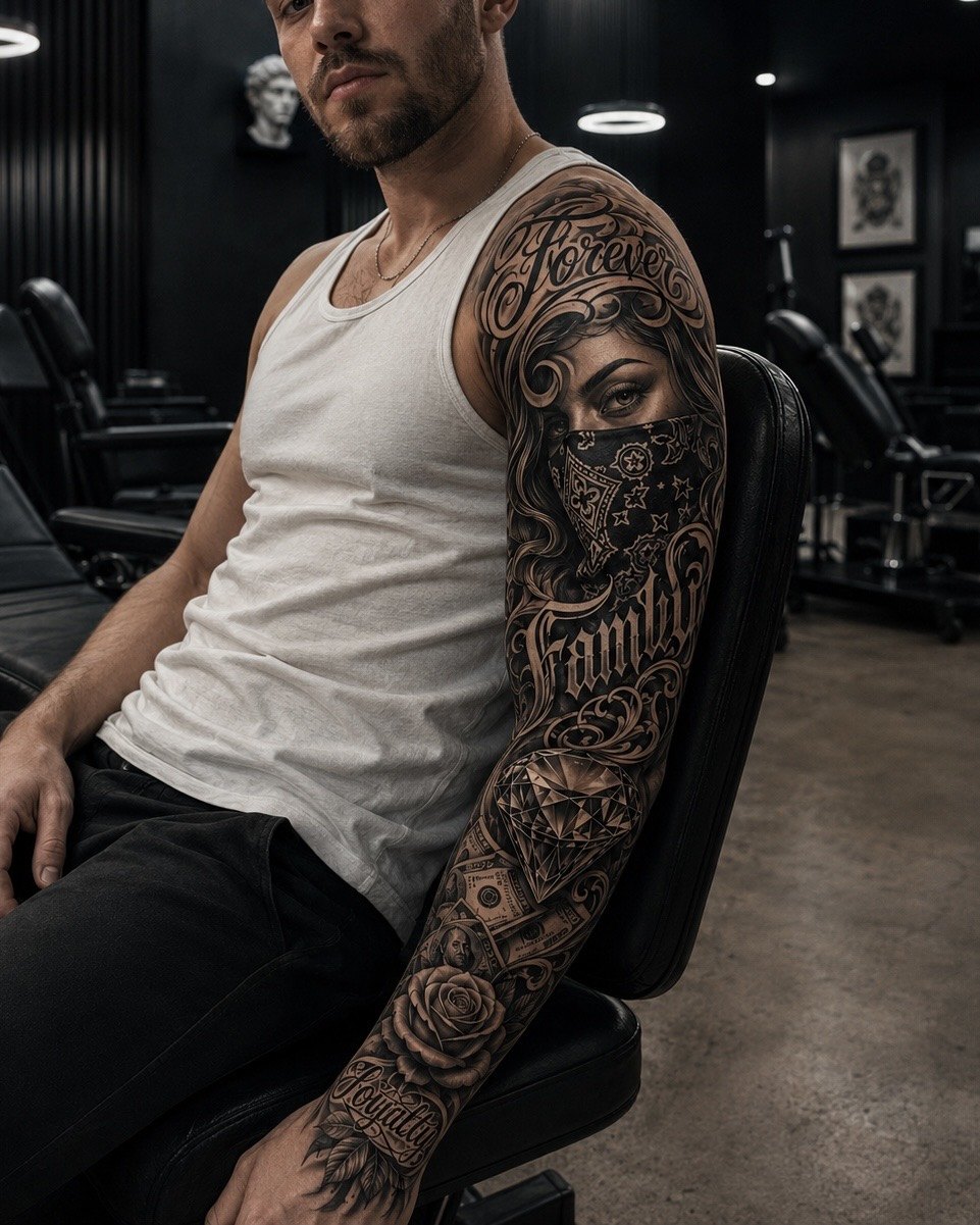 Manchette chicano : femme au bandana, lettrages « Forever Family Loyalty », diamant et rose