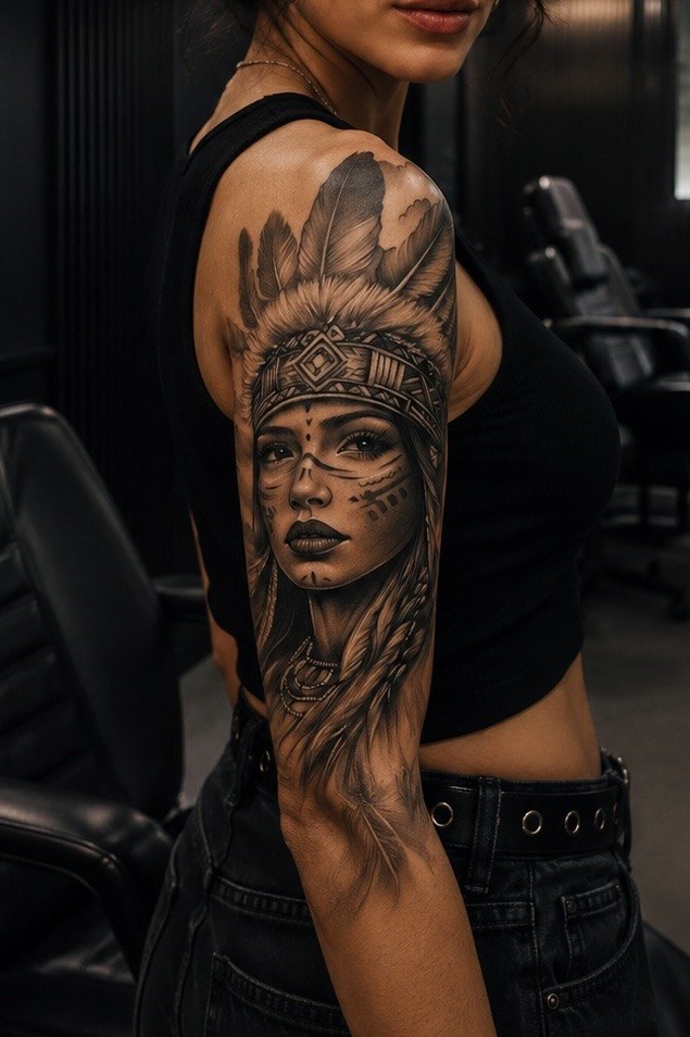 Tatouage réaliste noir et gris : portrait de femme amérindienne à coiffe de plumes