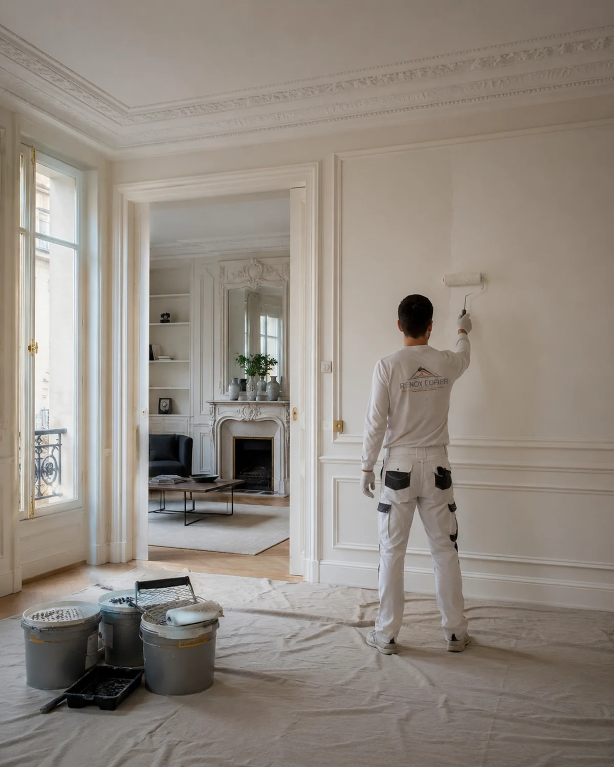 Salon d'un appartement haussmannien en cours de peinture, moulures et corniches protégées