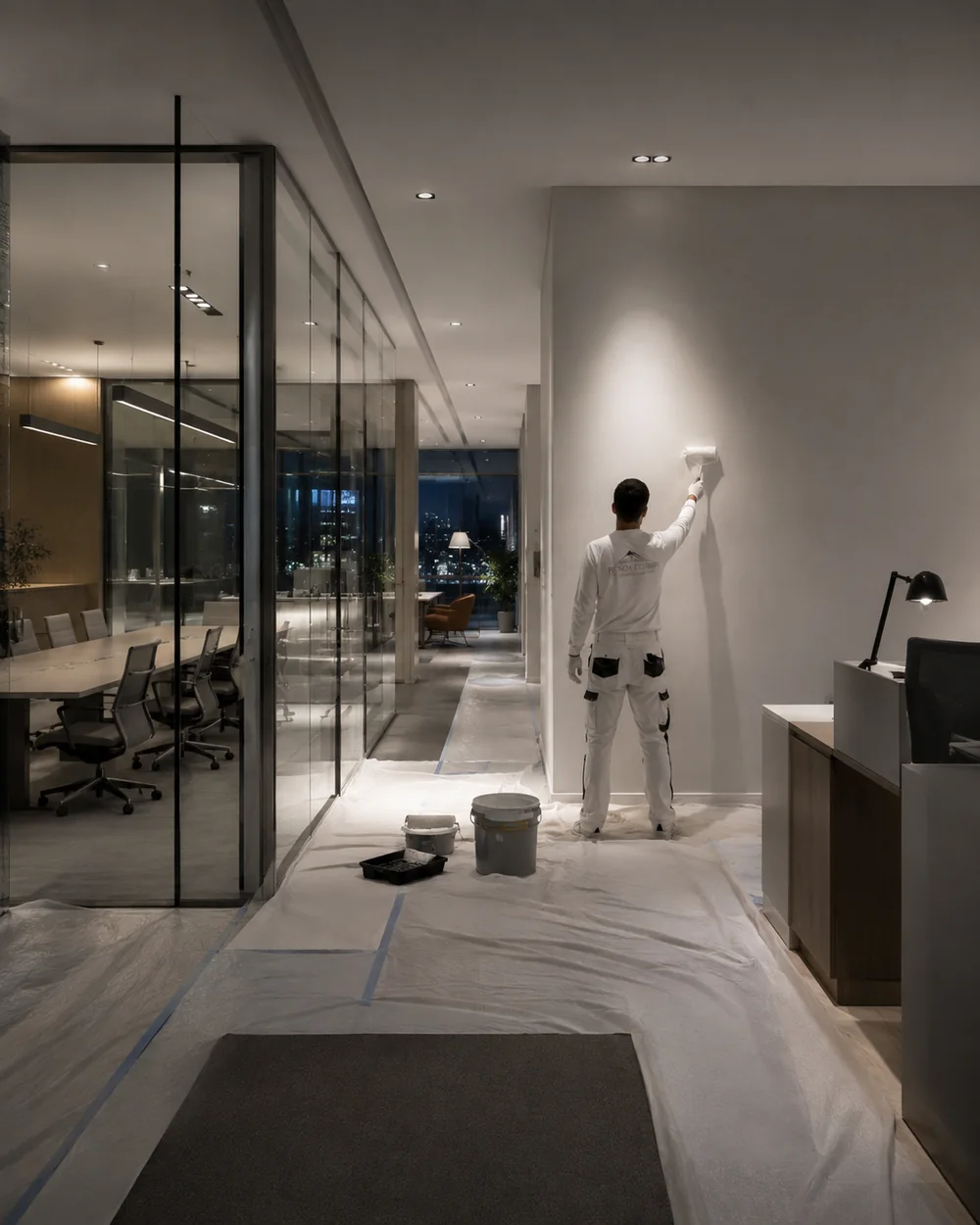 Peintre au travail de nuit dans un plateau de bureaux vitré