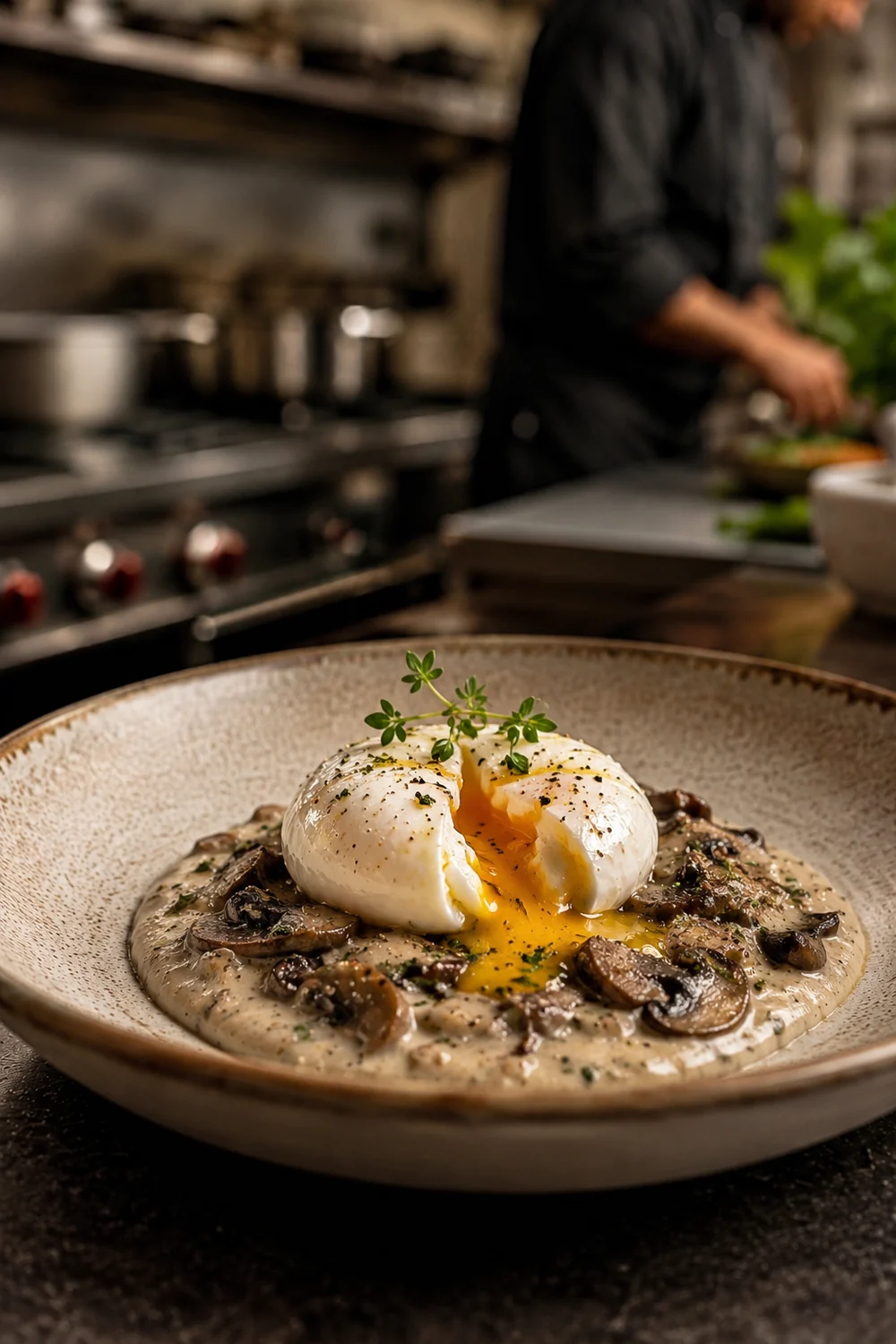 Œuf parfait et crème de champignons