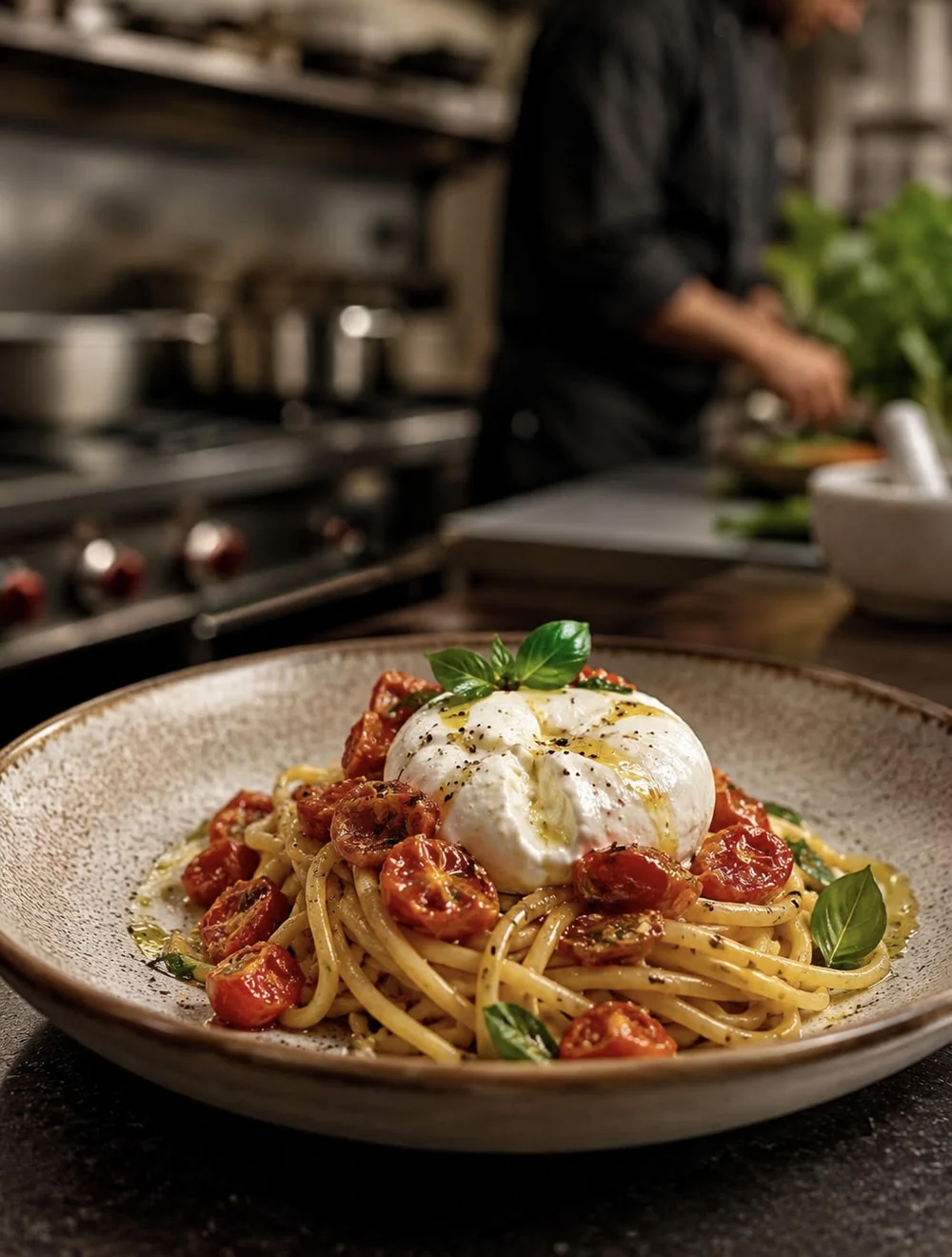 Spaghetti aux tomates confites et burrata
