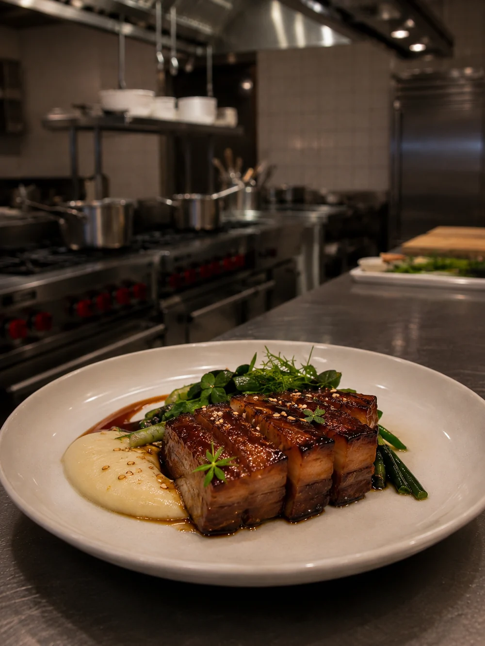 Poitrine de cochon laquée et purée à l'huile d'olive