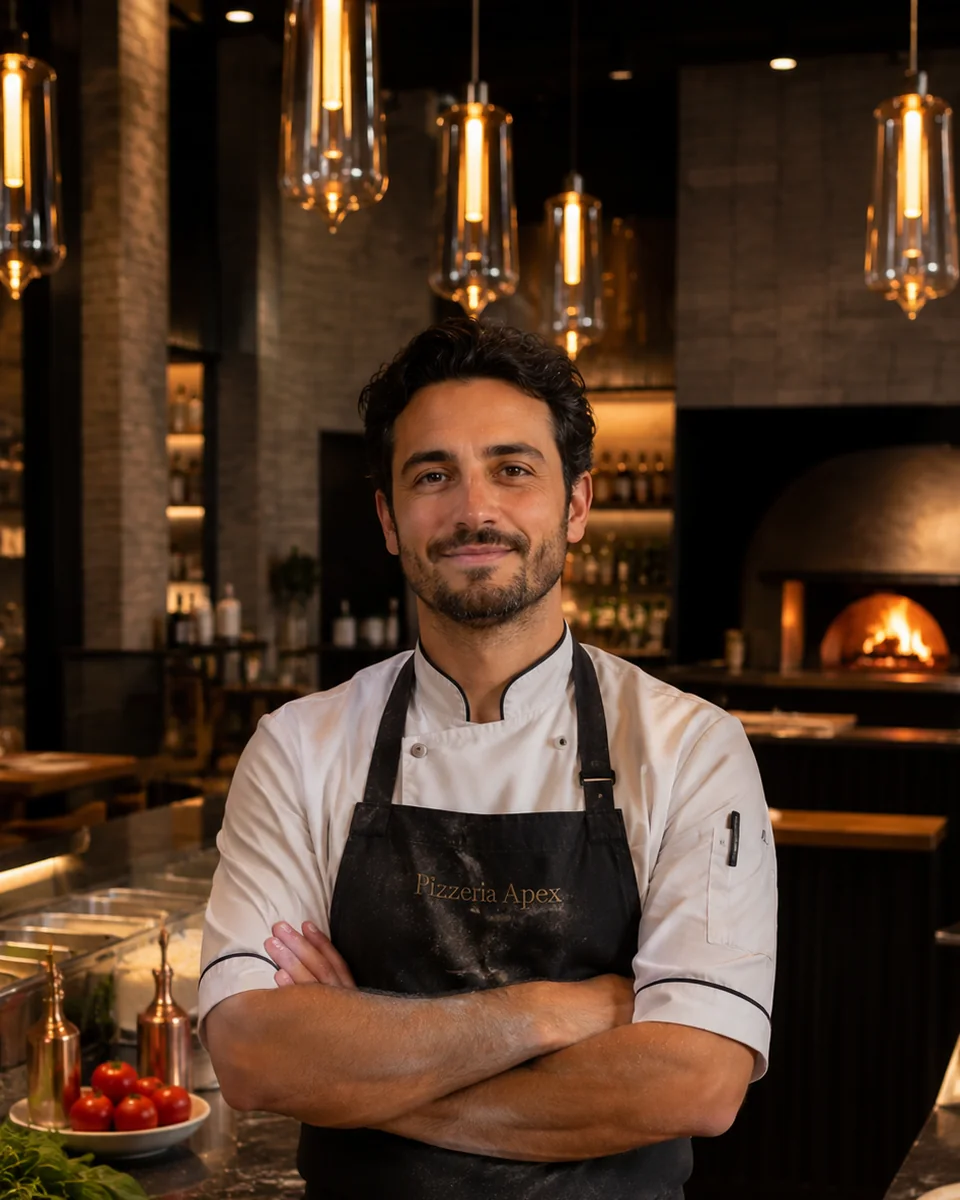 Matteo Bruno, chef pizzaiolo de Pizzeria Apex, devant son four à bois