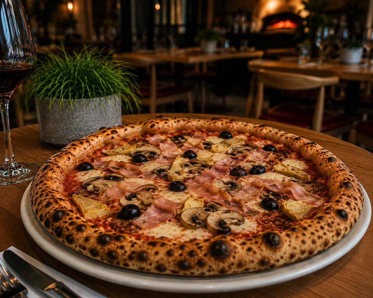 Pizza Capricciosa : jambon, artichauts, champignons et olives