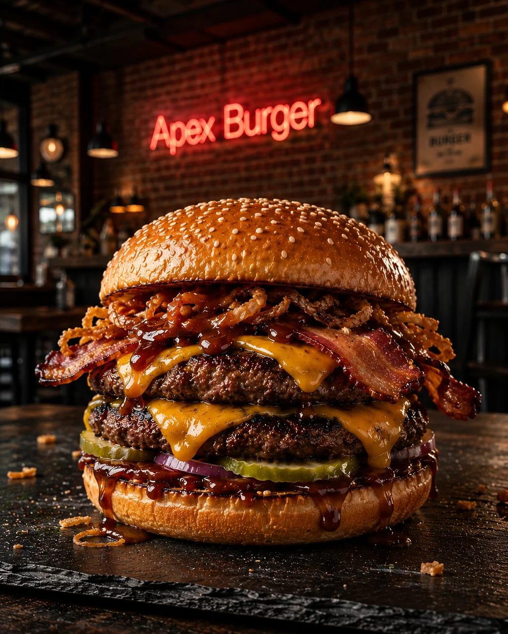 BBQ Smokehouse : double steak, cheddar fumé, bacon et oignons crispy