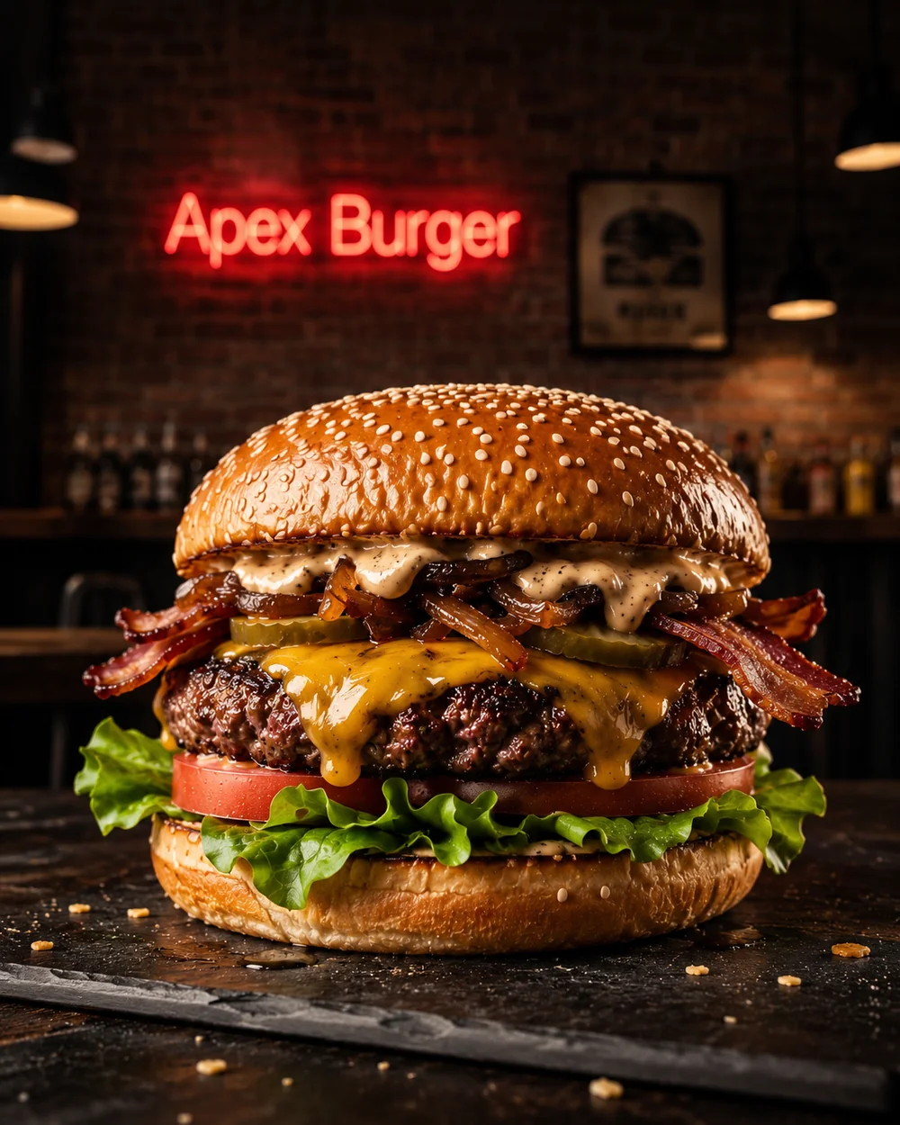 Apex Signature : steak smashé, cheddar affiné, bacon et sauce maison