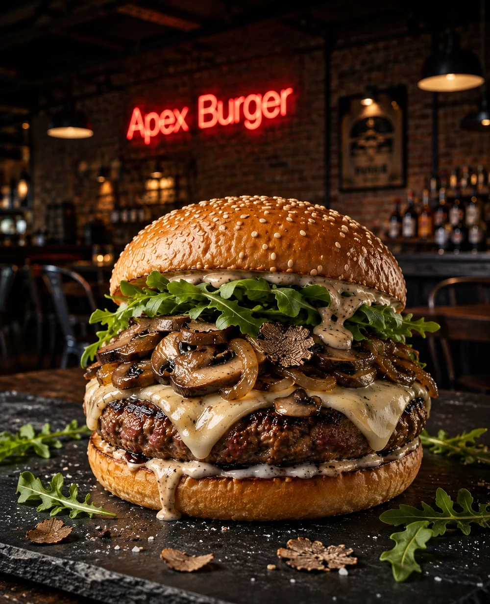 Truffle Burger : champignons poêlés, oignons confits et sauce à la truffe