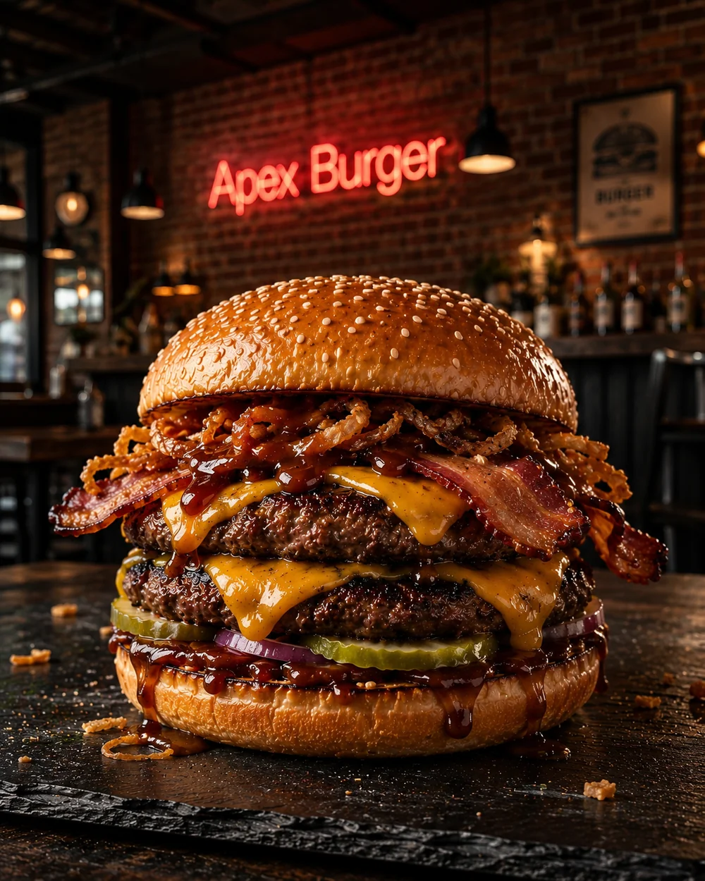 BBQ Smokehouse : double steak, cheddar fumé, bacon et oignons crispy