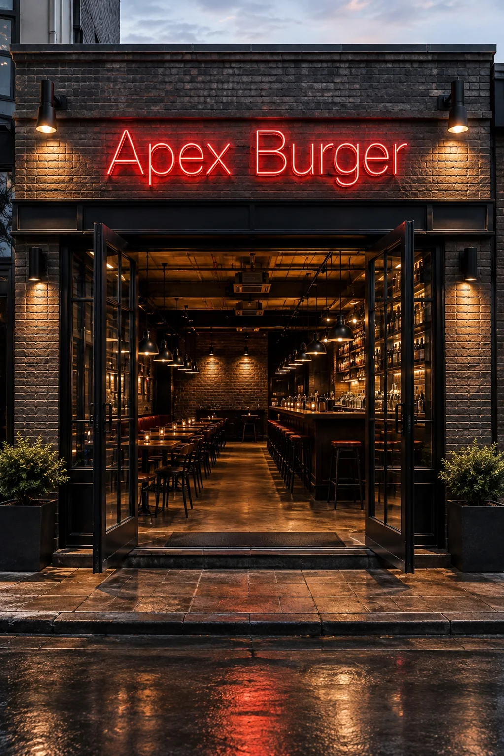La devanture d'Apex Burger, porte ouverte sur la salle en brique