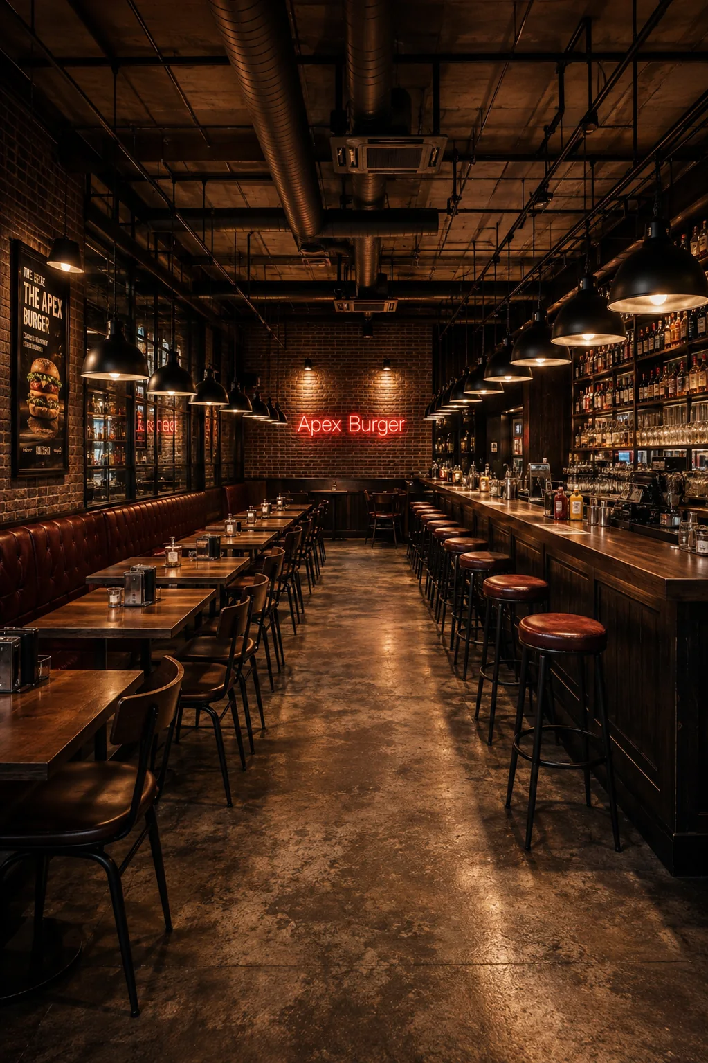 La salle d'Apex Burger : brique, banquettes de cuir, comptoir en bois et enseigne au néon
