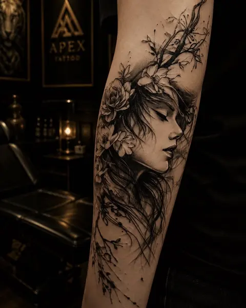 Silhouette féminine et branches fleuries tatouées en fine line ombré